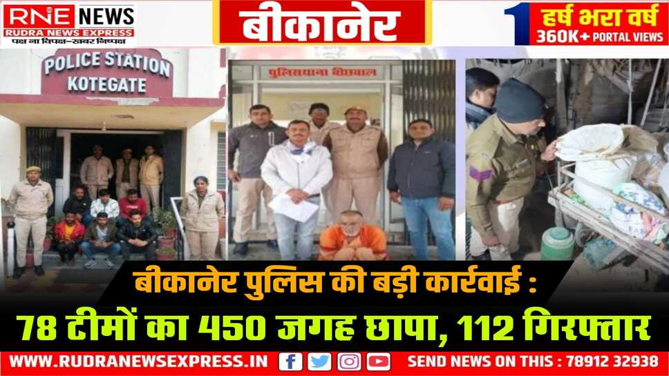 Bikaner : 34 वारंटी, 02 हिस्ट्रीशीटर, 01 इनामी सहित 112 आरोपी गिरफ्तार