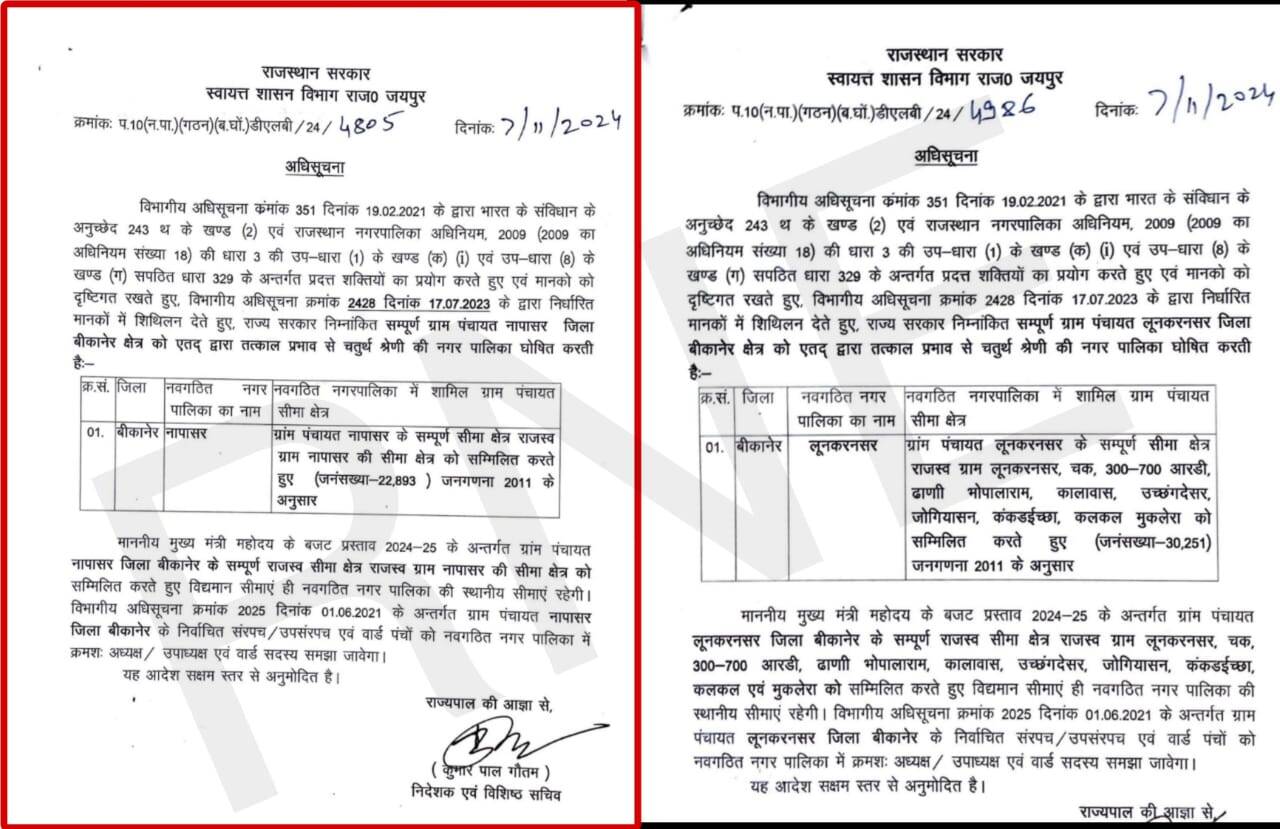 Bikaner : लूणकरणसर-नापासर ग्राम पंचायतों को नगर पालिका बनाया, सरपंच बन गए पालिकाअध्यक्ष