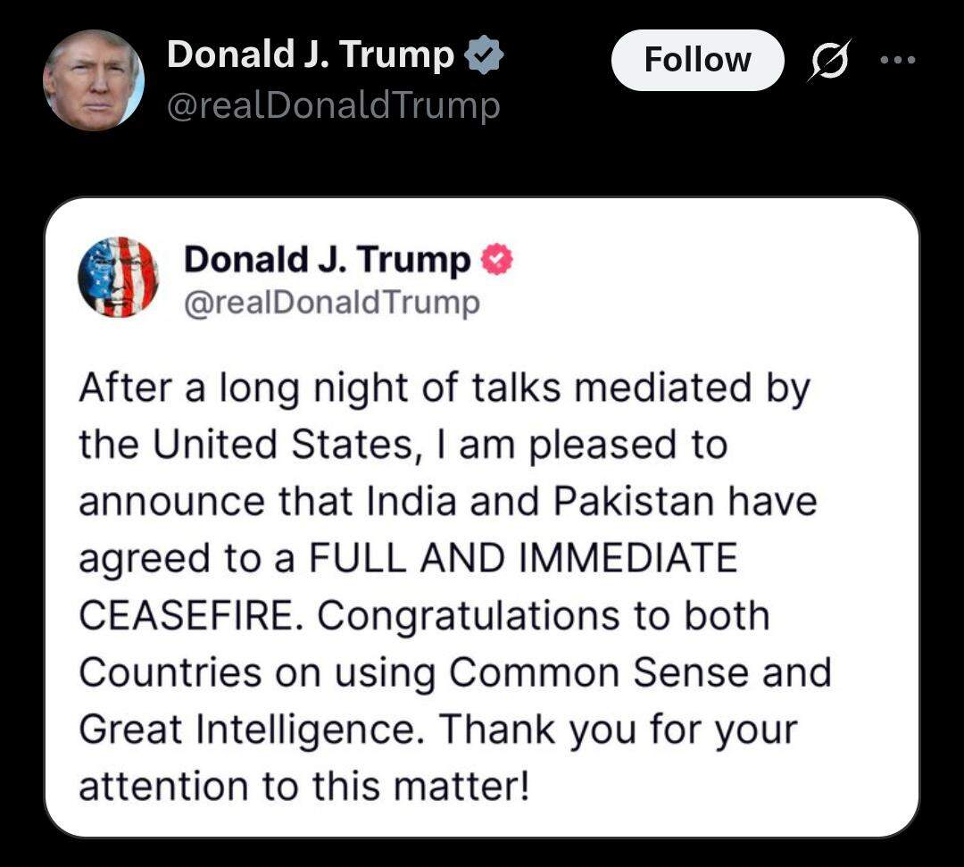 OPERATION SINDOOR : पहले अमेरिकी राष्ट्रपति Donald Trump ने कहा, भारत-पाक युद्धविराम के लिए सहमत, अब भारत-पाक ने की आधिकारिक घोषणा