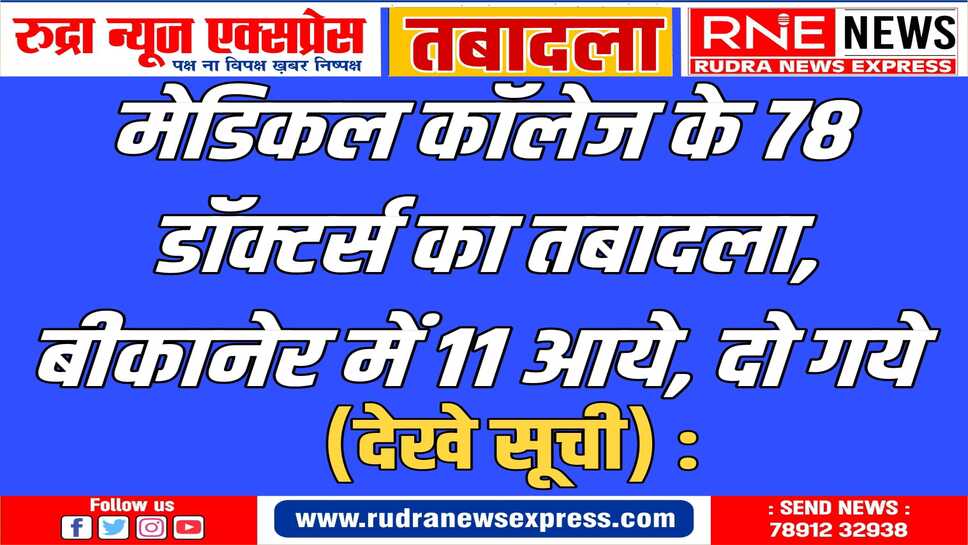 पीएमआर के डा.रजनीश शर्मा को अजमेर, नेफ्रोलोजी के डा.जितेन्द्र फलोदिया को कोटा भेजा