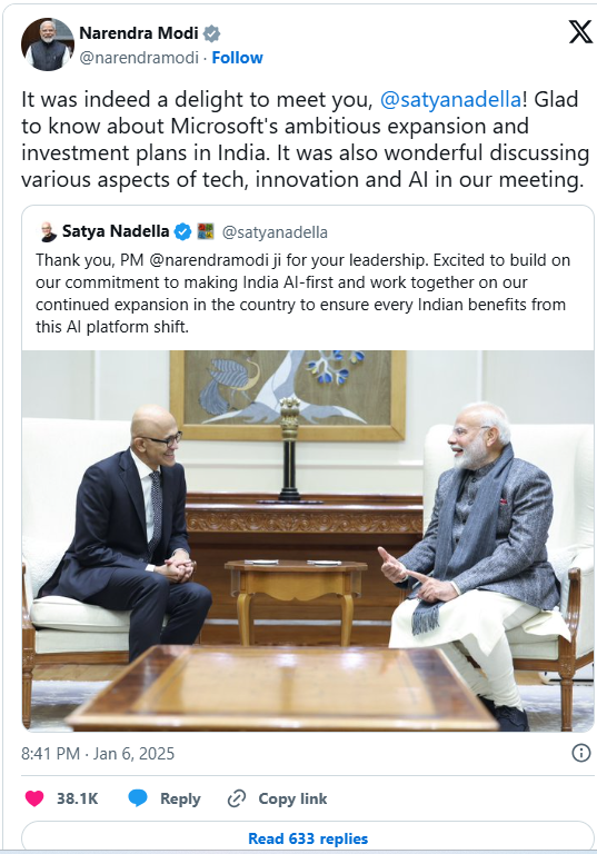 PM Modi-Microsoft Chairman Satya Nadella Meeting : भारत में माइक्रोसॉफ्ट के विस्तार पर बात