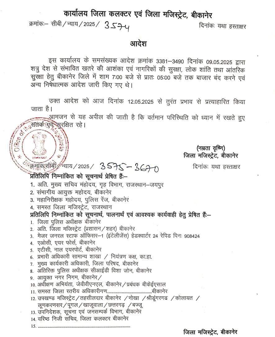 BIKANER : कलेक्टर नम्रता ने शाम को सात बजे बाजार बंद करने का आदेश वापस लिया, अब स्कूलों-कॉलेजों पर होगा फैसला