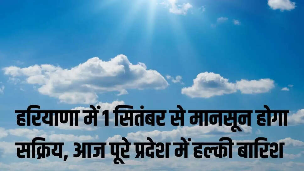 Haryana Weather Update : हरियाणा में 1 सितंबर से मानसून होगा सक्रिय, आज पूरे प्रदेश में हल्की बारिश 